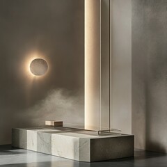 Aufkleber - elegant interior scene featuring marble stone platform glass shelf illuminated wall and subtle mist
