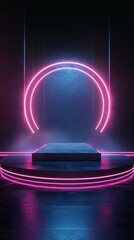 Aufkleber - Minimalist illuminated pedestal against dark background with glowing pink neon circle platform