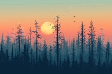 Poster - A stunning illustration of a moonrise illuminating a misty forest, with silhouetted trees against a colorful sky at dusk, creating a serene and tranquil atmosphere.