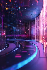 Poster - Futuristic Digital Environment with Curved Pathway and Vibrant Neon Lights and Patterns