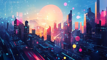 Poster - Futuristic City Skyline at Sunset with Vibrant Neon Lights and Abstract Elements