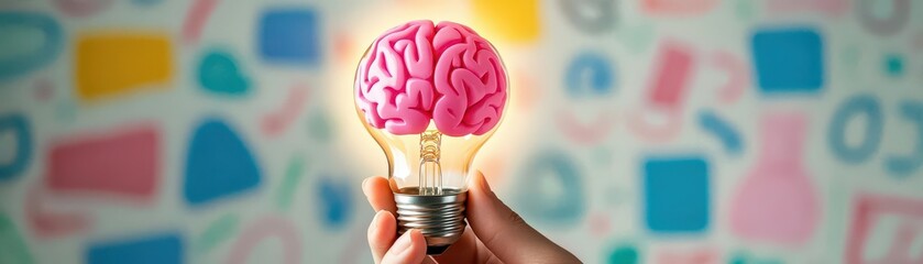 Poster - A hand holds a glowing light bulb with a brainlike pink structure, set against a colorful doodle backdrop symbolizing creativity, planning, and personal growth in achieving goals