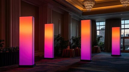 Poster - Vibrant illuminated columns in a stylish indoor event space with elegant decor and natural light
