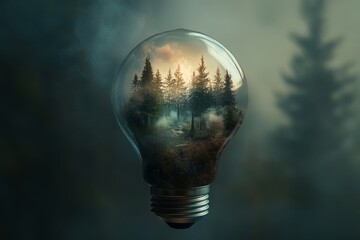 Poster - This artistic image showcases a lightbulb encapsulating a tranquil forest scene, blending nature and creativity. The enchanting atmosphere invites reflection and inspiration.