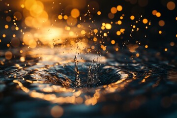 Poster - a mesmerizing close-up of a water splash creating ripples, illuminated by golden bokeh lights. this 
