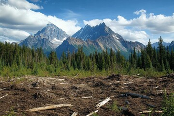Poster - A captivating landscape showcasing a lush green forest with majestic mountains in the background, beneath a bright blue sky filled with fluffy clouds.