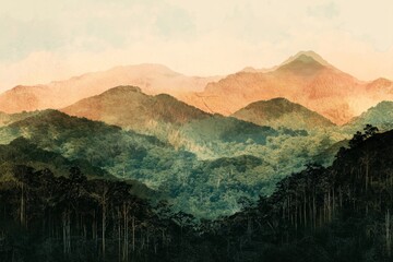 Poster - Explore a stunning mountain landscape featuring soft color gradients and mist. The serene scene captures the beauty of nature in an artistic way.