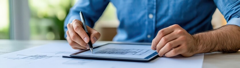 Poster - A man meticulously designs a building on a digital tablet, showcasing architectural precision and modern technology