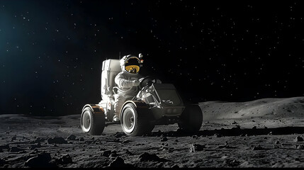 Wall Mural - Astronaut Exploring Lunar Surface In Pixel Art Style With Space Rover Under Starry Night Sky