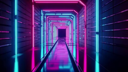 Poster - Futuristic low poly corridor with vibrant neon communication lights at night, Abstract futuristic communication neon low poly motion background