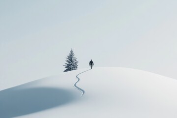 Poster - A solitary figure walks across a serene snowy landscape, leaving gentle tracks behind. A lone evergreen tree stands tall on the hill, enhancing the peaceful atmosphere.