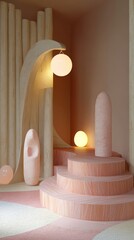 Poster - Interior showcasing rounded sculptural form pink travertine with warm lighting for artistic ambiance rendering