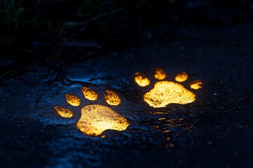 Poster - two paw prints in the dark with a yellow glow. scene is mysterious and intriguing