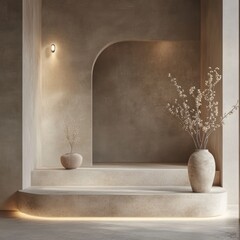 Poster - Elegant interior with beige walls and plants evoking peacefulness architectural space rendering