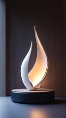 Poster - Modern Artistic Sculpture Elegantly Curved Form Glowing Warm Light Against Wood Detailed Wall Surface