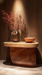 Poster - Warm Interior Design Displaying Decorative Dried Flowers in Vase Bowl on Wooden Table