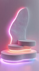 Poster - Elegant Abstract Neon Lit Product Display Platform in Pink and White with Clean Futuristic Aesthetic