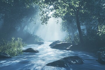 Poster - Serene Sunlight Through Forest Canopy Above Tranquil River Stream