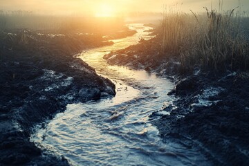 Poster - This breathtaking image captures a serene sunset over a gentle stream in marshland, emphasizing the tranquility of nature and the beauty of the environment.