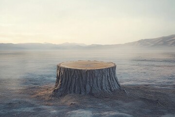Poster - Tree stump in a barren landscape with mist and soft lighting