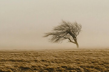 Poster - A solitary tree stands in a foggy field, embodying tranquility and solitude, with gentle breezes swaying its bare branches under soft light.