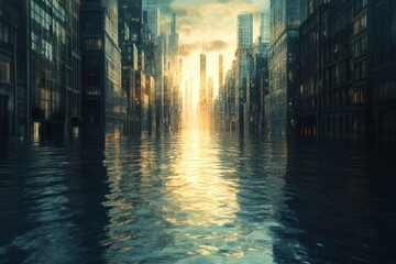 Poster - this stunning image captures a surreal urban landscape with skyscrapers reflecting in calm water und