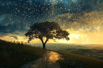 Poster - A stunning sunset scene featuring a solitary tree against a backdrop of shimmering stars. The tranquil landscape invites a sense of peace and reflection.