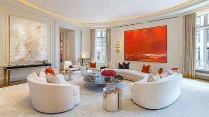 Poster - Bright modern living room with bold color accents, contemporary artwork, and a stylish curved sofa.