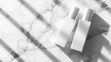 Poster - two minimalist white cosmetic bottles on a marble surface with soft shadows creating a serene ambian