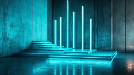 Poster - Futuristic Neon Lit Interior with Geometric Stairs and Modern Design Elements