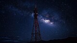 A famous tower or landmark shining in the night sky