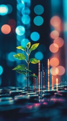 Poster - Vibrant Young Plant Growing Amidst Colorful Bokeh Lights Symbolizing Renewal and Growth