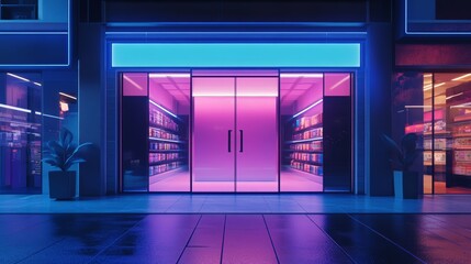 Poster - A neon sign with a blue and pink color scheme. The store is empty. The store is a video game store