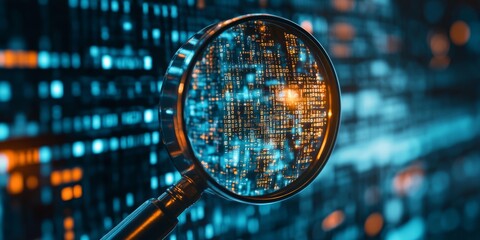 Poster - Magnifying Glass Focused on Digital Data and Binary Code Background