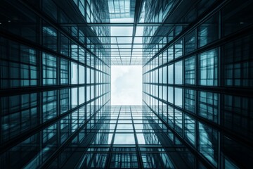 Poster - Looking Up at a Glass Skyscraper with Reflection and Clouds in Urban Landscape