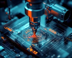 Poster - A close-up view of a precision laser machine engraving intricate designs on a computer circuit board, showcasing technology's role in modern electronics and manufacturing.