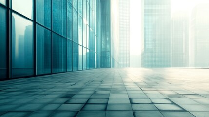 Poster - Modern Urban Glass Architecture with Reflections and Soft Light in a Foggy Cityscape