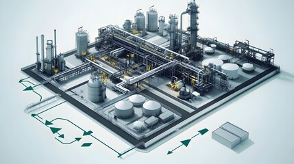 Poster - A detailed 3D illustration of an industrial facility, showcasing pipelines, storage tanks, and processing units, representing modern engineering and technology in manufacturing.