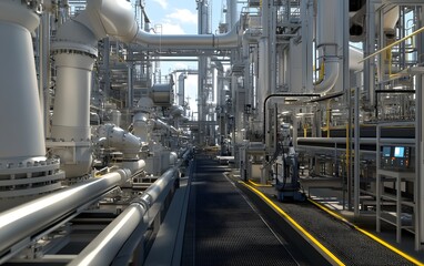 Poster - A detailed view of an industrial facility featuring pipelines, machinery, and a clear sky. This image showcases the complexity and scale of modern manufacturing environments.