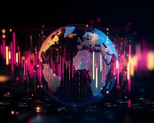 Poster - A digital globe illuminated by vibrant data analytics graphics. This striking image symbolizes global connectivity and the impact of technology on data-driven decisions.