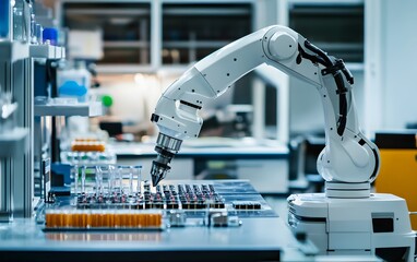 Poster - A modern laboratory featuring a robotic arm efficiently working on a complex task. The image captures advanced technology at play in a clean and organized environment.