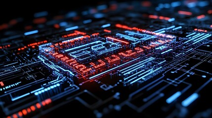 Poster - Futuristic Circuit Board with Glowing Neon Lights and Patterns