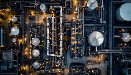 Poster - Aerial view of a modern industrial facility with illuminated tanks and pipelines. The intricate network of structures showcases the complexity and scale of industrial operations.