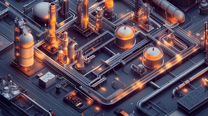 Poster - Aerial view of a modern industrial facility with intricate piping systems and glowing machinery. The scene captures the complexity and dynamism of contemporary manufacturing.