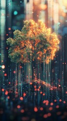 Poster - glowing tree surrounded by digital light particles in an abstract forest landscape