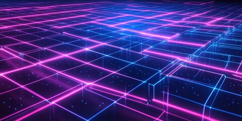 Poster - futuristic neon grid pattern with vibrant colors and dynamic lights in abstract digital space