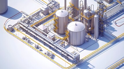 Poster - Aerial view of an industrial facility with large tanks and pipeline system. This image represents modern manufacturing and engineering processes in a factory setting.