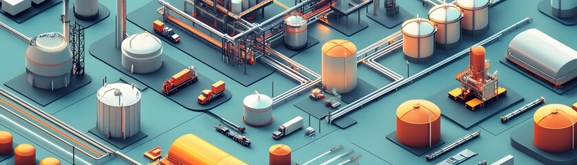 Poster - An aerial view of a modern industrial site featuring tanks, pipes, and equipment. The layout and organization reflect efficiency and advanced technology in operations.