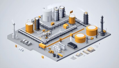 Poster - An isometric illustration of a modern industrial facility, showcasing large storage tanks, pipelines, and machinery. Ideal for concepts related to manufacturing and engineering.