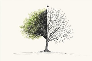 Poster - This artistic illustration features a tree depicting the contrast between vibrant spring leaves and stark winter branches, symbolizing seasonal change.
